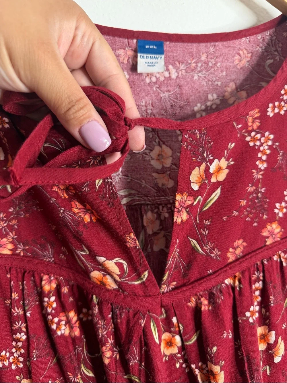Old Navy Puff-Sleeve Floral Tiered Swing Boho Top Burgundy Floral XXL Flowy